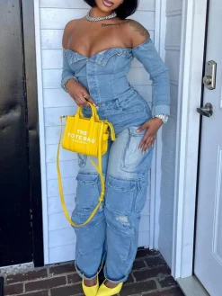 Off-Shoulder Pockets Denim Jumpsuit