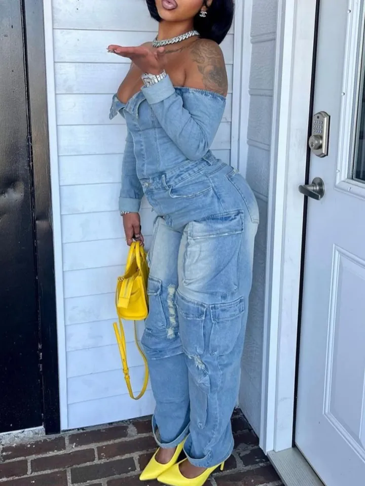 Off-Shoulder Pockets Denim Jumpsuit