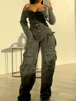 Off-Shoulder Pockets Denim Jumpsuit