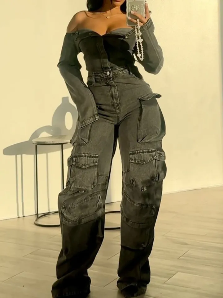 Off-Shoulder Pockets Denim Jumpsuit