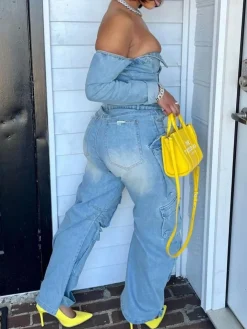 Off-Shoulder Pockets Denim Jumpsuit