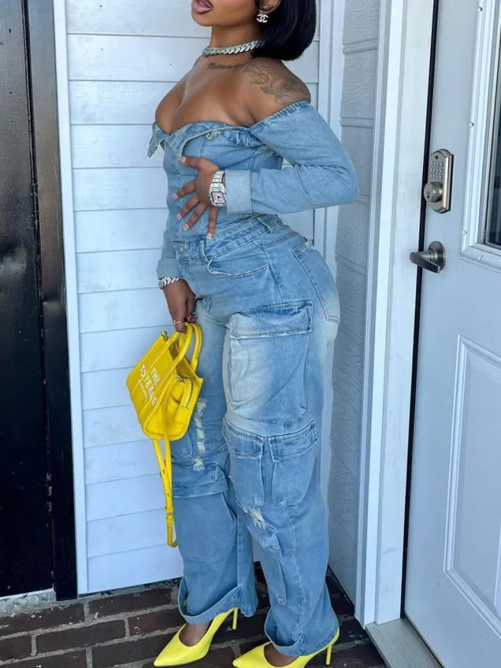 Off-Shoulder Pockets Denim Jumpsuit