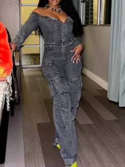 Off-Shoulder Pockets Denim Jumpsuit