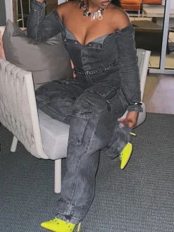 Off-Shoulder Pockets Denim Jumpsuit
