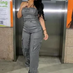 Off-shoulder PU Leather Jumpsuit