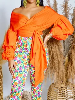 Off-Shoulder Puff Sleeve V-Neck Blouse