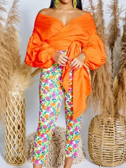 Off-Shoulder Puff Sleeve V-Neck Blouse