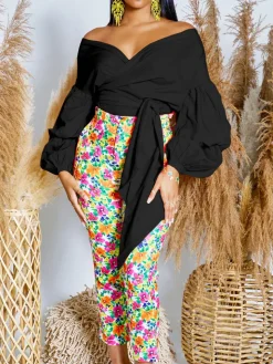 Off-Shoulder Puff Sleeve V-Neck Blouse