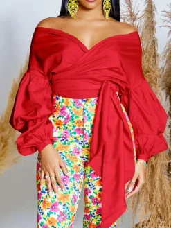 Off-Shoulder Puff Sleeve V-Neck Blouse