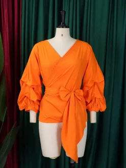 Off-Shoulder Puff Sleeve V-Neck Blouse