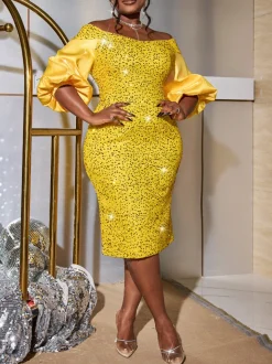 Off-Shoulder Puff Sleeves Sequin Midi Dress