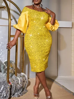 Off-Shoulder Puff Sleeves Sequin Midi Dress