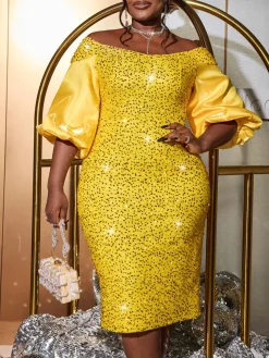 Off-Shoulder Puff Sleeves Sequin Midi Dress