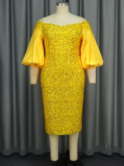 Off-Shoulder Puff Sleeves Sequin Midi Dress