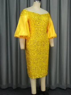 Off-Shoulder Puff Sleeves Sequin Midi Dress