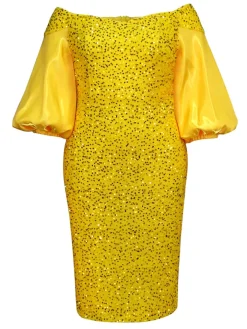 Off-Shoulder Puff Sleeves Sequin Midi Dress