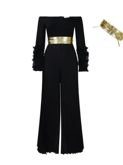 Off-Shoulder Ruffle Pleated Wide Leg Jumpsuit