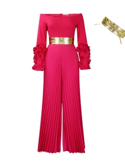 Off-Shoulder Ruffle Pleated Wide Leg Jumpsuit