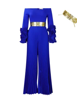 Off-Shoulder Ruffle Pleated Wide Leg Jumpsuit