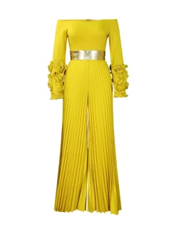 Off-Shoulder Ruffle Pleated Wide Leg Jumpsuit