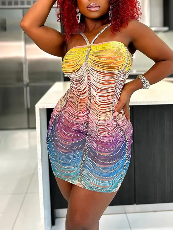 Ombre Color Tassel Rhinestone Mini Dress