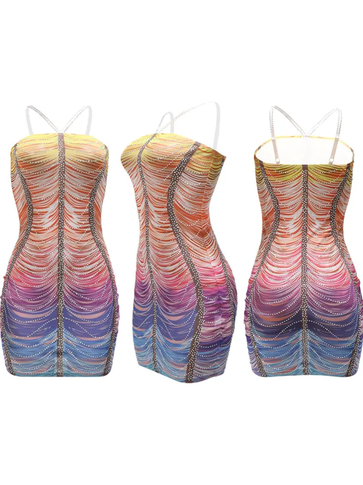 Ombre Color Tassel Rhinestone Mini Dress