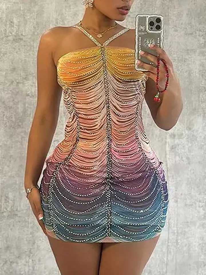 Ombre Color Tassel Rhinestone Mini Dress