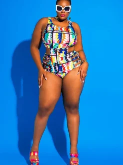 One Piece Hollow Out Geometric Print Swimsuit