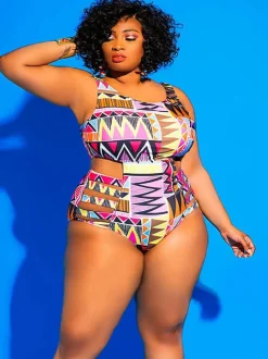 One Piece Hollow Out Geometric Print Swimsuit