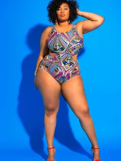 One Piece Hollow Out Geometric Print Swimsuit