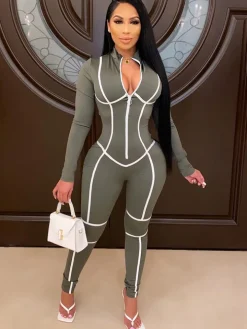 One Piece Long Sleeve Zipper Bodycon Jumpsuit