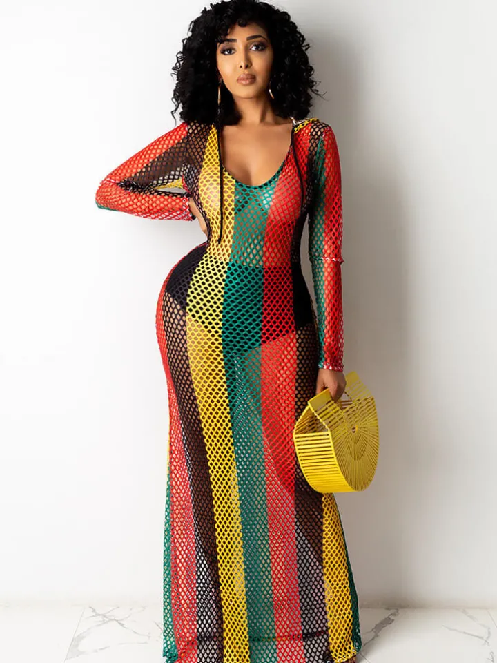 One Piece Multicolor Stripe Fishnet Cover Up Maxi Dress