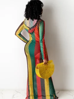 One Piece Multicolor Stripe Fishnet Cover Up Maxi Dress