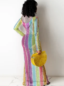 One Piece Multicolor Stripe Fishnet Cover Up Maxi Dress