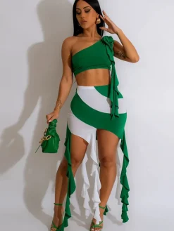 One Shoulder Crop Top with Fringed Mini Skirt Set