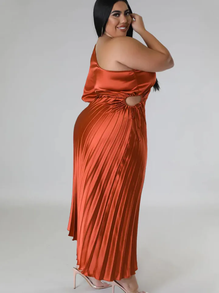 One Shoulder Lace Up Ruched Maxi Dress