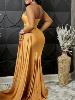 One Shoulder Pleated Bodycon Maxi Dress