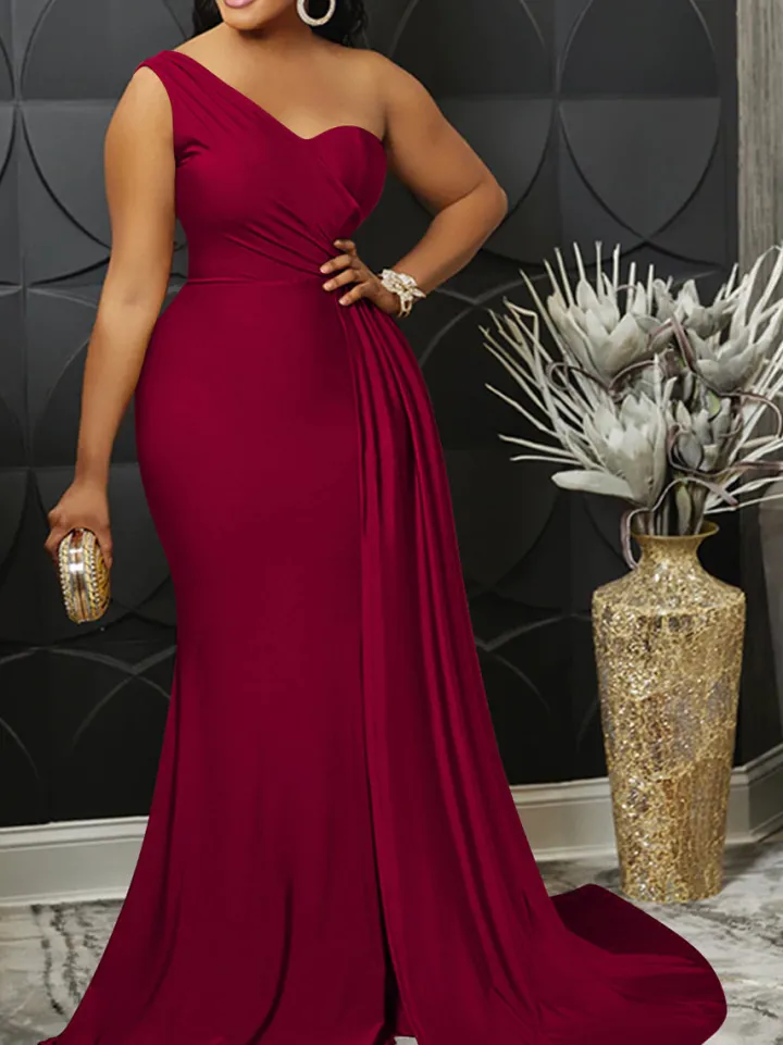 One Shoulder Pleated Bodycon Maxi Dress