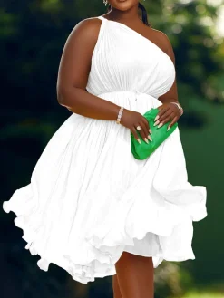 One Shoulder Pleated Swing Belted Midi Dress