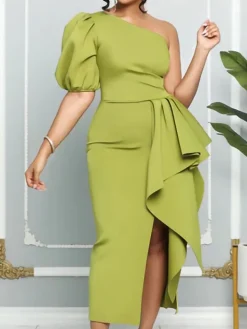 One Shoulder Puff Sleeve Ruffle Slit Dress