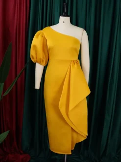 One Shoulder Puff Sleeve Ruffle Slit Dress