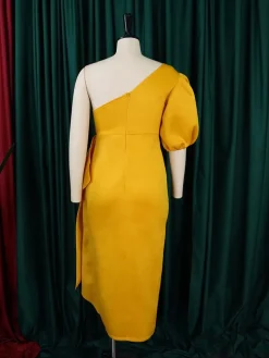 One Shoulder Puff Sleeve Ruffle Slit Dress