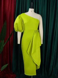 One Shoulder Puff Sleeve Ruffle Slit Dress