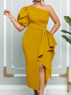One Shoulder Puff Sleeve Ruffle Slit Dress
