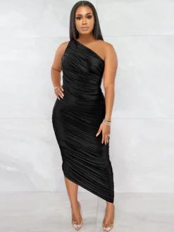 One Shoulder Sleeveless Backless Ruched Maxi Dress