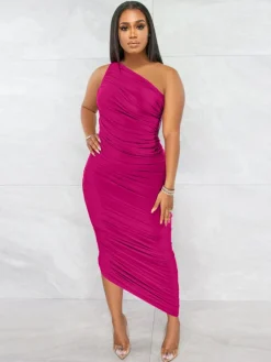 One Shoulder Sleeveless Backless Ruched Maxi Dress