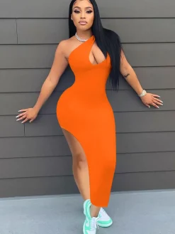 One Shoulder Sleeveless High Slit Midi Dress