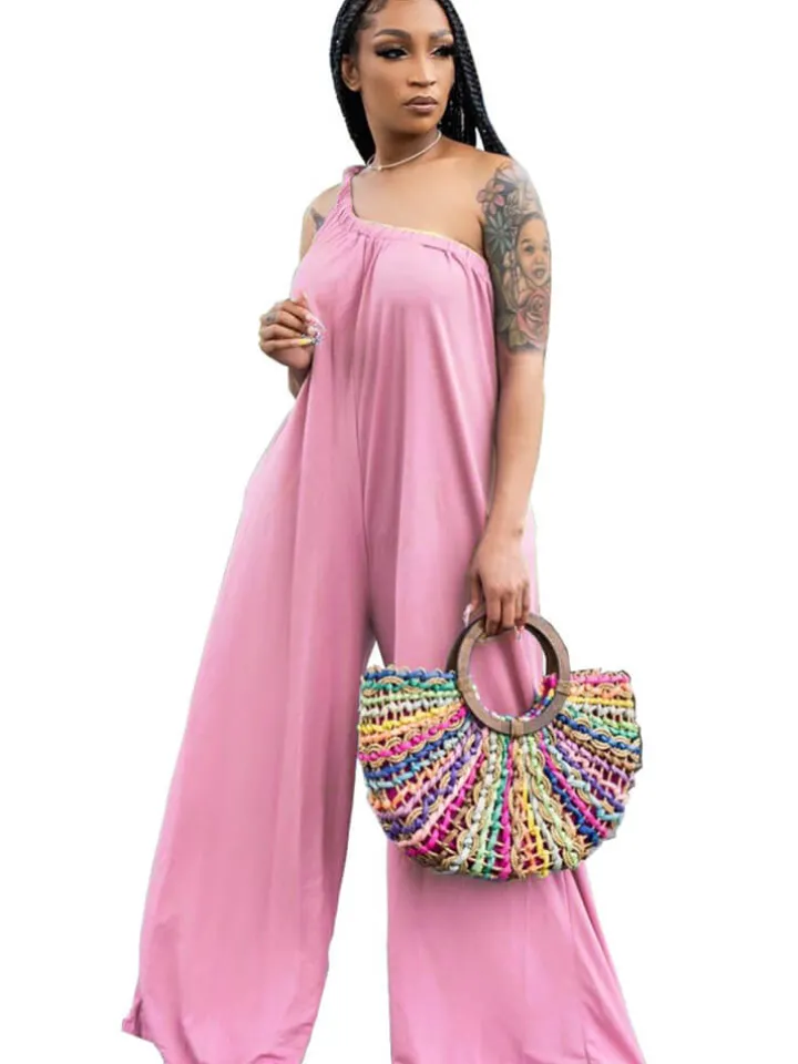 One Shoulder Sleeveless Wide Leg Jumpsuit