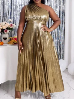 One-Shoulder Glitter Pleated Maxi Dress