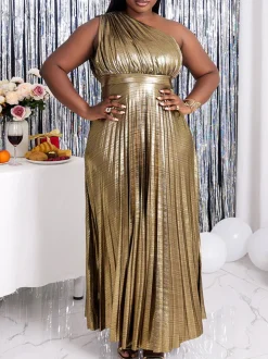 One-Shoulder Glitter Pleated Maxi Dress